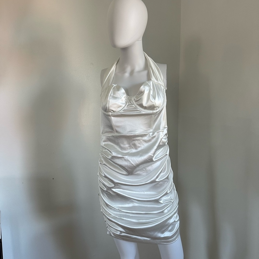Women's Satin Halter Ruched Slip Dress in White
